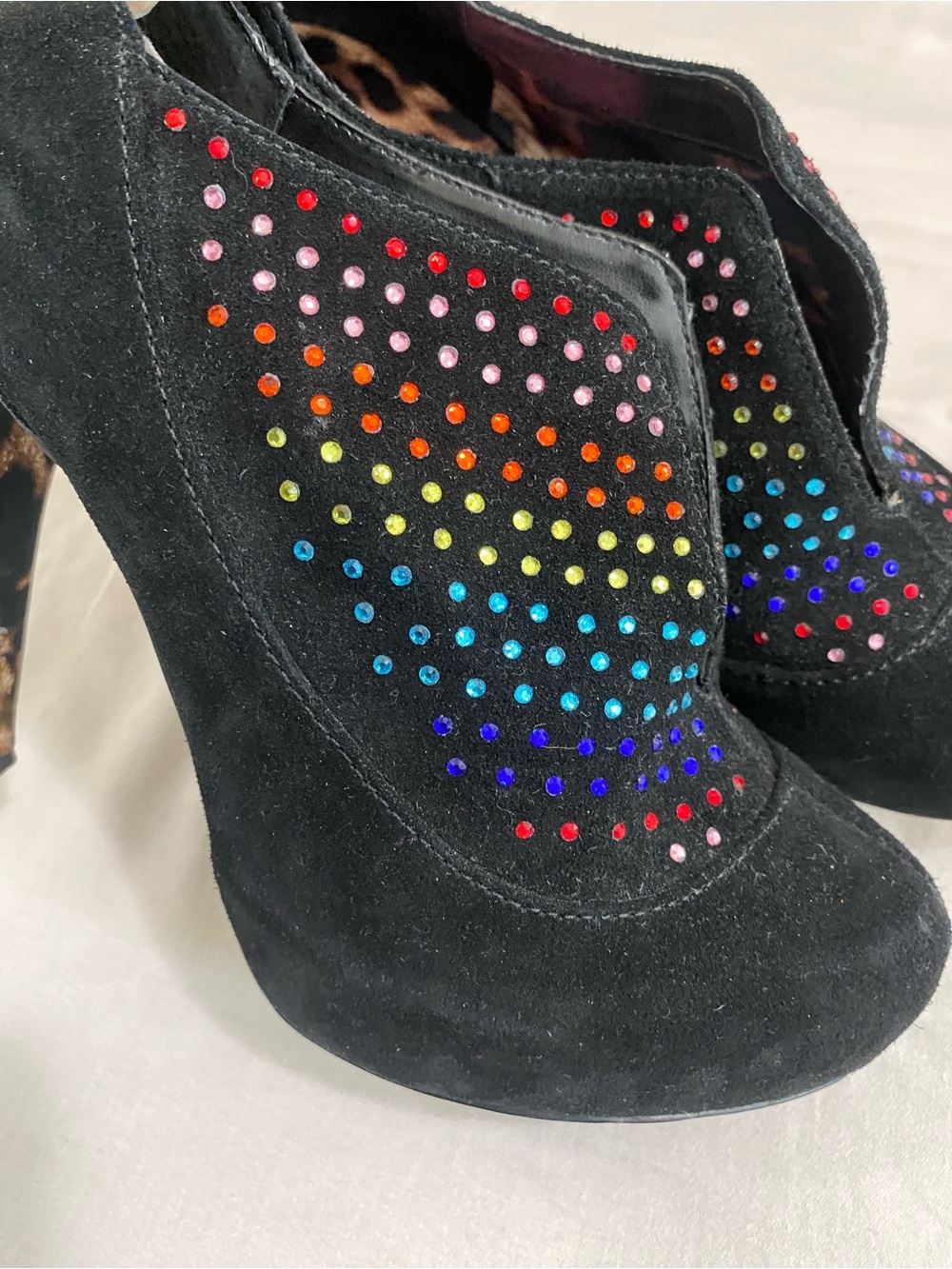 Betsey Johnson "Lunaar" Rainbow Rhinestone Bootie’s genuine suede RARE